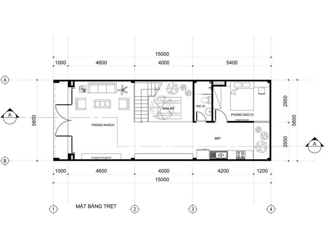 Mặt bằng tầng 1 mẫu nhà ống 3 tầng 5x20m