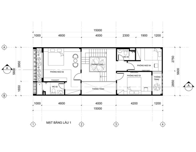 Mặt bằng tầng 2 mẫu nhà ống 3 tầng 5x20m